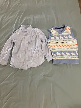 Gymboree Light Blue Button-Down Shirt with Bunny & Carrot Sweater Vest